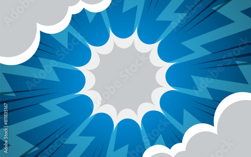 Halftone lightning explosion pop art comic background with clouds. Vector Illustration