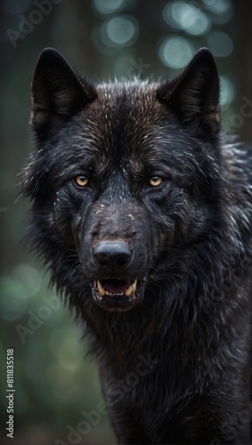 Intense close-up of an ominous-looking black wolf  emanating an evil presence.