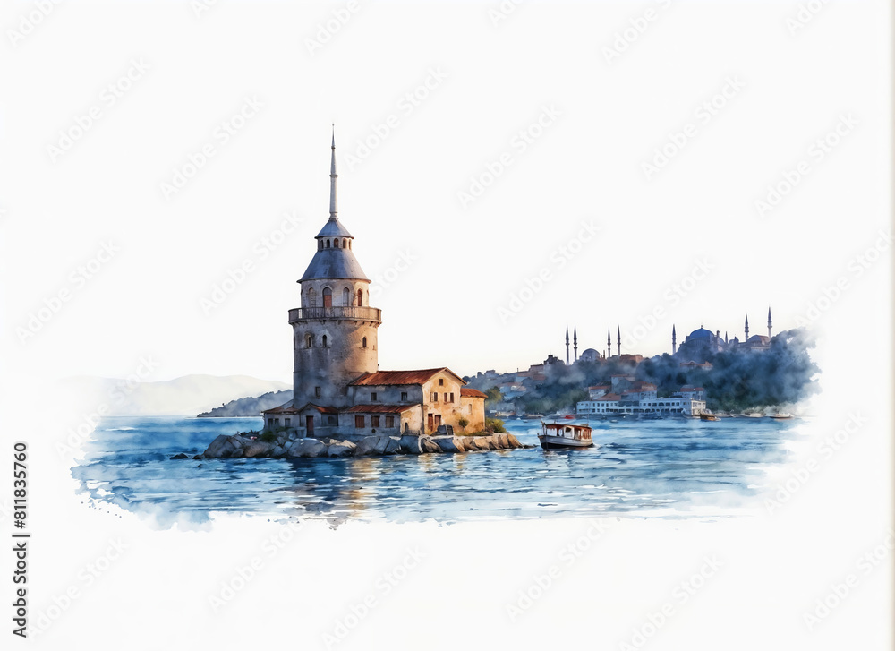 Maiden Tower in Istanbul, Turkey. watercolor sketch