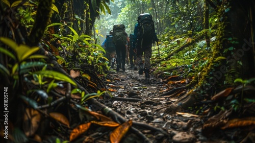 Hiking through the lush trails of the Amazon rainforest encountering diverse flora and fauna with the sounds of birds and insects creating a natural sy photo