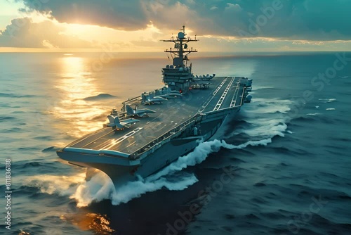 Military ship aircraft carrier in the ocean, aerial view	
 photo