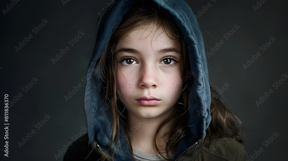 Shooting in the Studio. Portrait of a girl in a jacket with a hood. Shooting in the Studio. Portrait of a girl in a jacket with a hood.