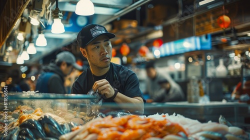 Exploring the bustling local fish market in Seattle Washington during the summer where fresh catches are brought in daily and the seafood is as vibrant photo