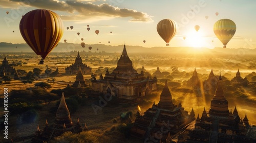 Exploring the ancient temples of Bagan Myanmar at sunrise with hot air balloons dotting the sky above thousands of historic pagodas spread across the l photo