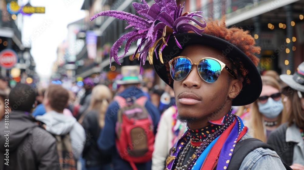 Experiencing the lively and spirited atmosphere of Bourbon Street in New Orleans during Mardi Gras with parades music and revelers in elaborate costume