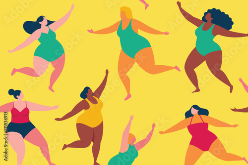 Seamless Pattern of Happy Multinational Plus Size Women in Bikini  Swimming Suits Dancing on Yellow Background. Body Positive  Beauty Diversity  Stop Fatfobia Movement Cartoon Flat Vector