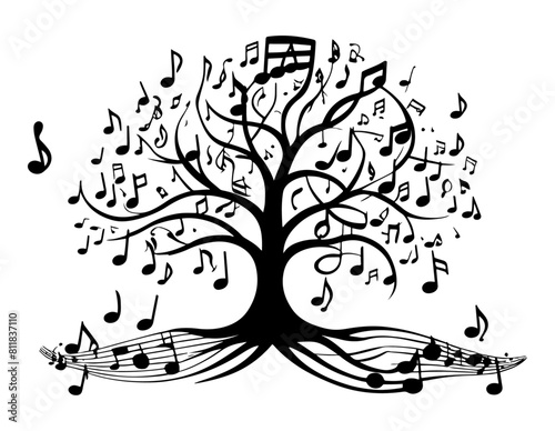 Tree with musical notes on branches and leaves, symbolising the connection between nature and music. vector illustration against white background 
