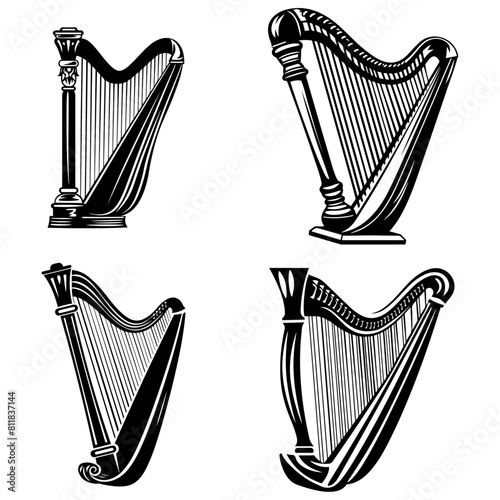 Harps collection, capturing the majestic and intricate design of this classical string instrument. Ideal for music-related projects, vector illustration against white background
