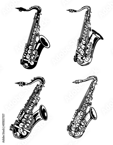 Saxophones in various positions, showcasing detailed line art of this classic musical instrument. Black and white vector illustration, against white background 