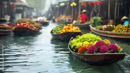 Experiencing a bustling day at the floating markets of Bangkok where boats laden with colorful fruits vegetables and local foods navigate the crowded c