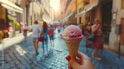 Enjoying the refreshing taste of gelato while wandering the cobbled streets of Rome Italy during a hot summer day exploring historic sites and vibrant photo