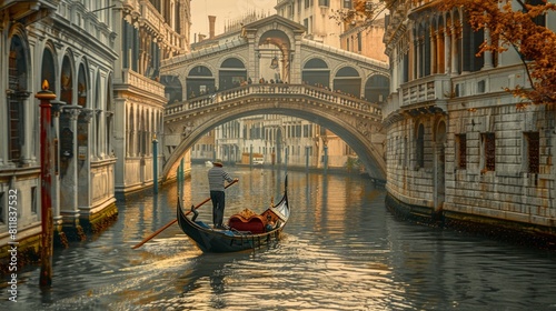 Enjoying a traditional gondola ride through the canals of Venice Italy passing under historic bridges and beside elegant palazzos immersed in the city? photo