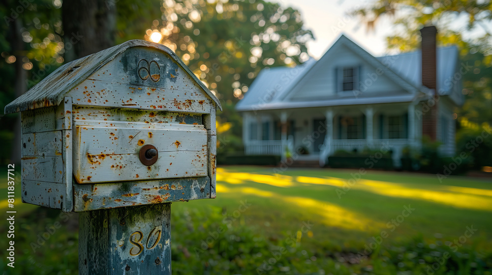 A rusty mailbox sits in front of a house.