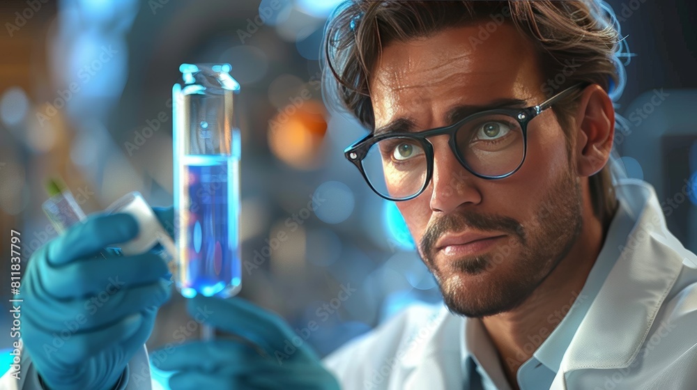 Portrait of handsome scientist holding test tube with yellow liquid in laboratory Portrait of handsome scientist holding test tube with yellow liquid in laboratory