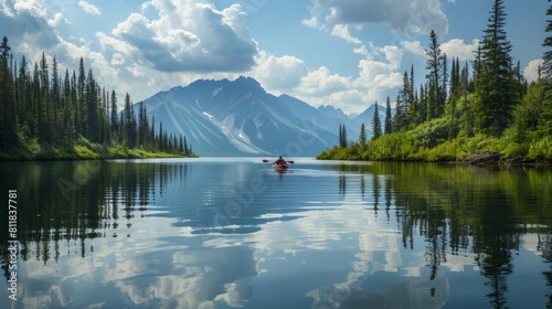 Enjoying a serene paddle on the calm waters of Banff National Park in Canada with mirror-like reflections of the surrounding mountains and forests.Basi