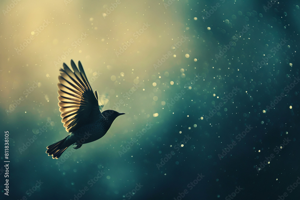 A bird flying through the air with rain falling. A bird flying through the air with rain falling.