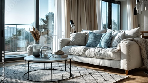 A white sofa on a calm background and a modern minimalist living room interior design.