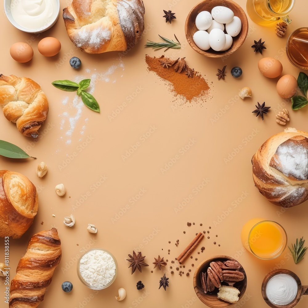 A creative flat lay template of homemade pastries and ingredients invites a baking session, with solid background and copy space on center A creative flat lay template of homemade pastries and ingredients invites a baking session, with solid background and copy space on center