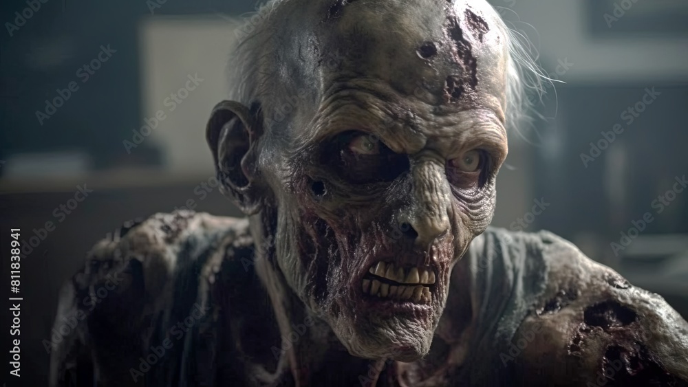 Zombie man with gray hair and scarred face, depicting a sinister and disturbing appearance Zombie man with gray hair and scarred face, depicting a sinister and disturbing appearance