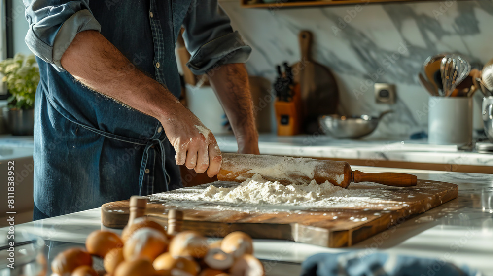 A man is rolling dough on a wooden table.