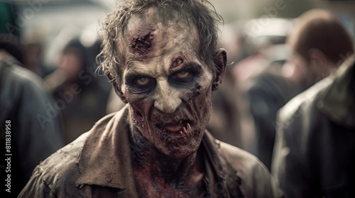 Zombie man with a wounded face in a crowd of undead men