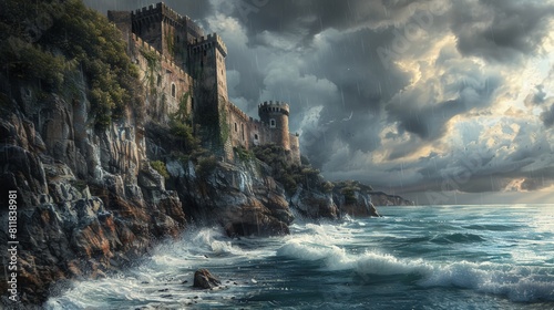 An ancient castle perched on a steep cliff overlooking a turbulent sea. The walls are weathered and covered with ivy and a storm is brewing in the back photo