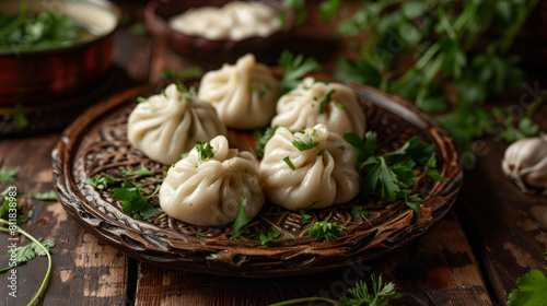 Georgian dumplings, known as khinkali, are a delicacy traditionally served on carved wooden plates with fresh herbs.