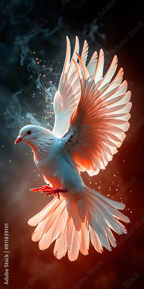 A white dove flying in the dark with smoke.