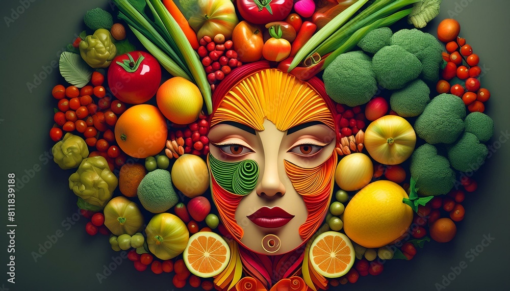 Human face made with fruits and vegetables.