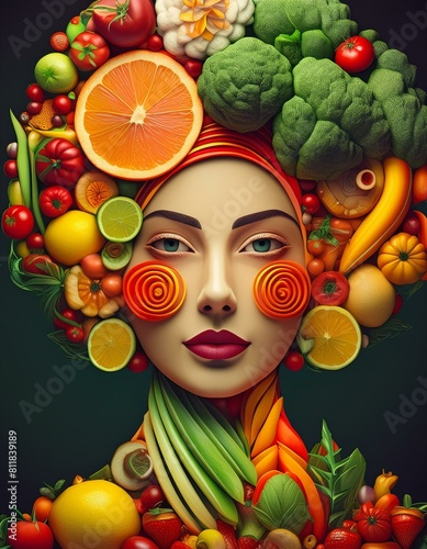 Human face made with fruits and vegetables.