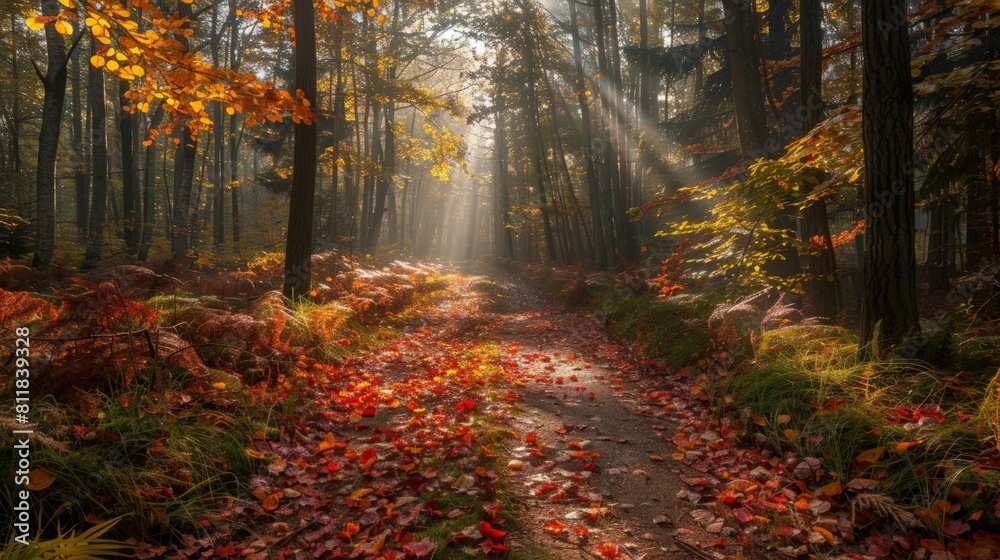 A sunlit forest path in early autumn with leaves starting to change color. Sunbeams pierce through the trees highlighting patches of red orange and yel