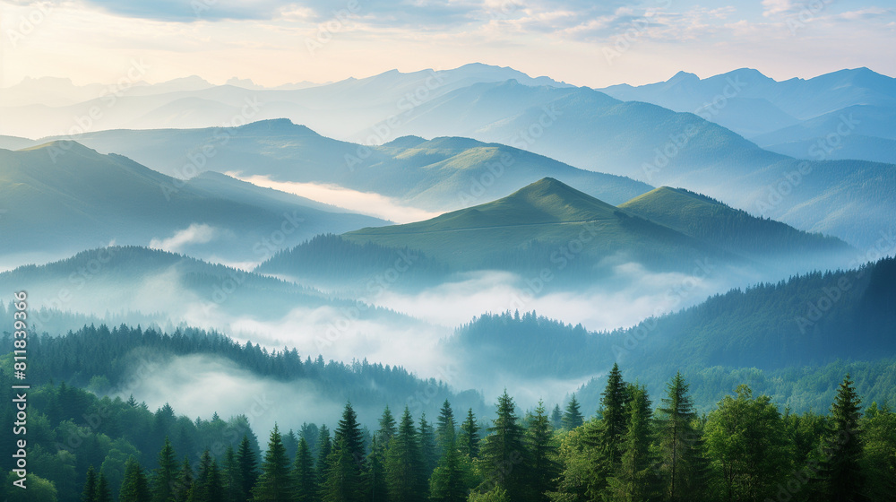 Mist-covered mountains with forest
