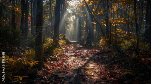 A sunlit forest path in early autumn with leaves starting to change color. Sunbeams pierce through the trees highlighting patches of red orange and yel photo