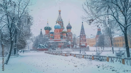 A snowy scene at St. Basils Cathedral in Moscow