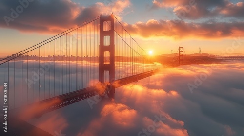 A panoramic view of the Golden Gate Bridge during foggy sunrise with the orange structure partially obscured by mist. The calm waters of the San Franci