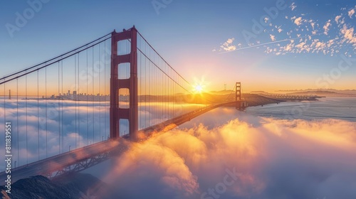 A panoramic view of the Golden Gate Bridge during foggy sunrise with the orange structure partially obscured by mist. The calm waters of the San Franci