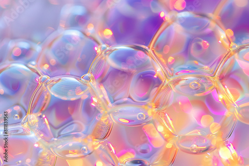 A close-up of honeycomb candy with iridescent bubbles catching the light.