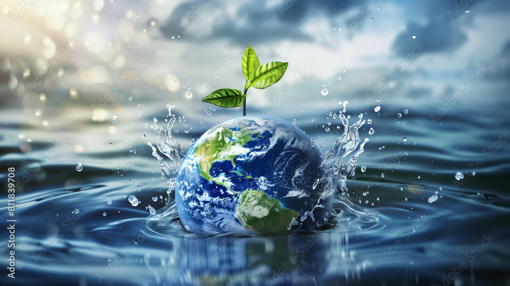 Earth globe in water splash on blue background. World Earth Day. Earth Hour, Nature Day, World Water Day