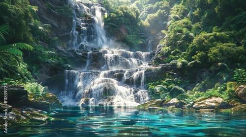 A majestic waterfall cascading down a rocky cliff into a crystal-clear blue pool below surrounded by lush greenery. Mist rises from the impact catching