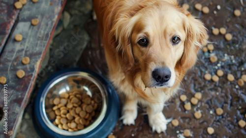 Golden retriever dog with bowl of dog food in front of them