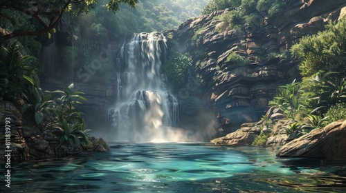 A majestic waterfall cascading down a rocky cliff into a crystal-clear blue pool below surrounded by lush greenery. Mist rises from the impact catching