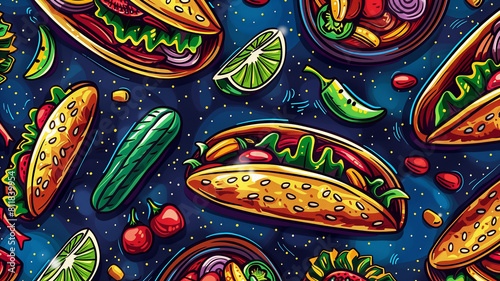 Mexican sombrer, tacos and maracas on vibrant color background. Festive colors illustration for promo on cinco de mayo.