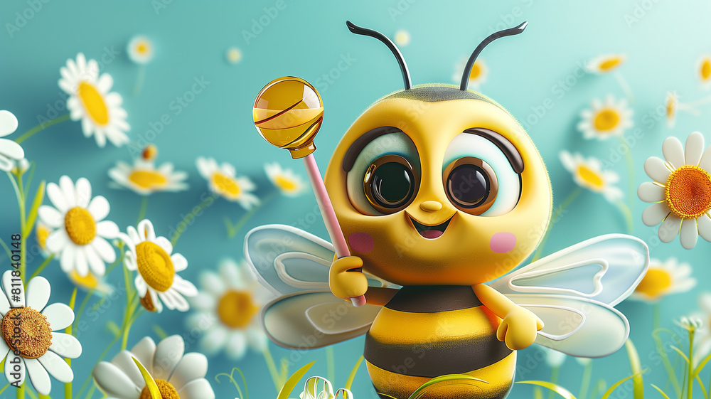 A bee's hard work is rewarded with a pot of delectable, golden honey in chamomile field. May 20th, World bee day concept A bee's hard work is rewarded with a pot of delectable, golden honey in chamomile field. May 20th, World bee day concept