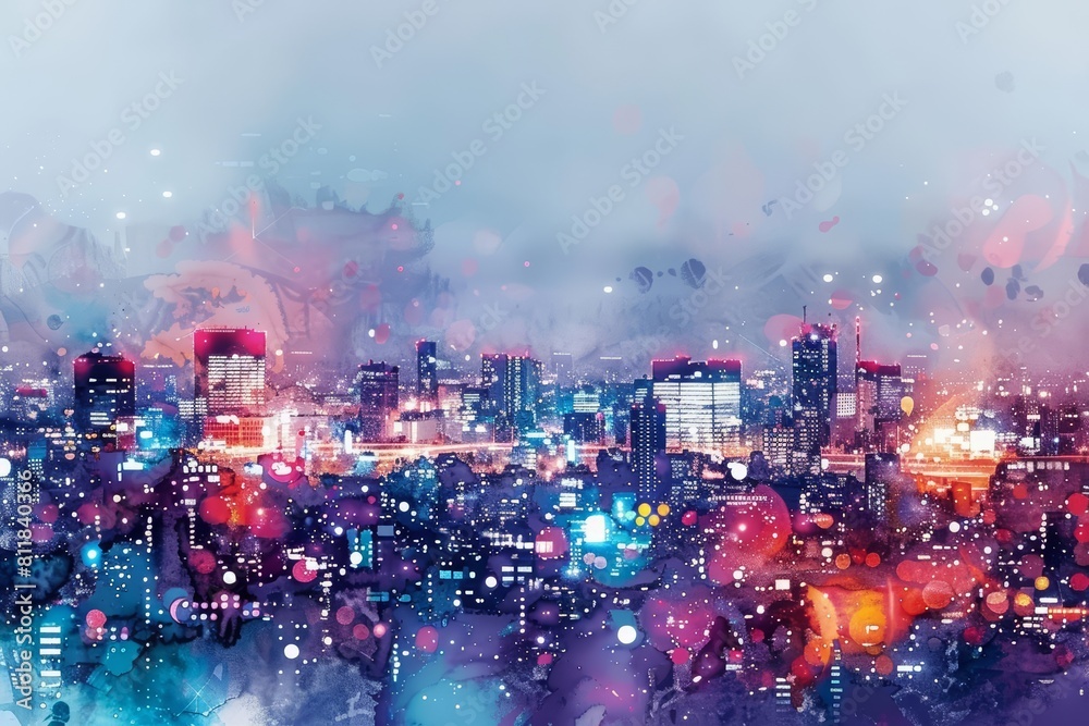 A painting featuring a bustling cityscape at night, with watercolor lights blurring into a spectrum of colors, isolated with a white background