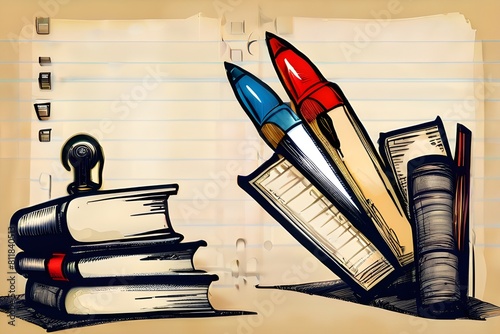Back To School - Books And Pencils With Rocket Sketch Generative AI