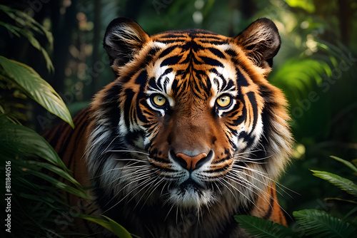 Vibrant tiger portrait in lush habitat