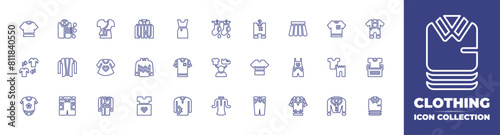 Clothing line icon collection. Editable stroke. Vector illustration. Containing choice, tshirt, shirt, baby clothes, clothes, arrows, baby dress, shorts, cardigan, sweater, trench coat. photo