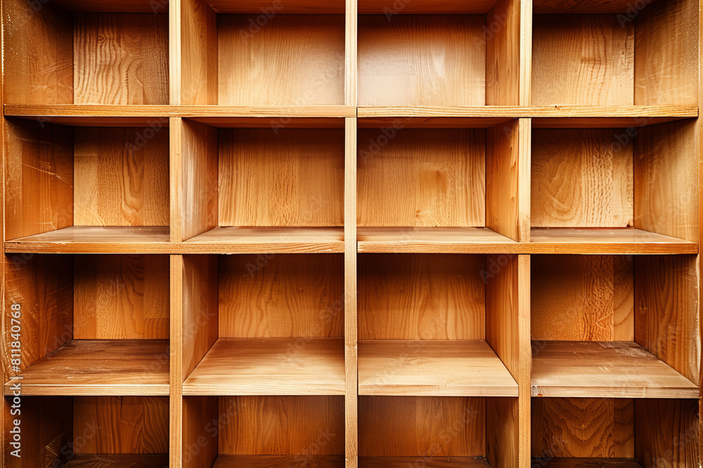 Close-up of empty wood shelves slots. Close-up of empty wood shelves slots.
