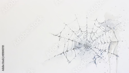 A small watercolor of an intricate spider web glistening with morning dew, highlighted against a stark white backdrop © Sweettymojidesign