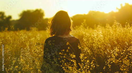 A woman walking through a field at sunset.